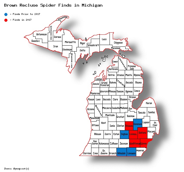 map of brown recluse finds in Michigan